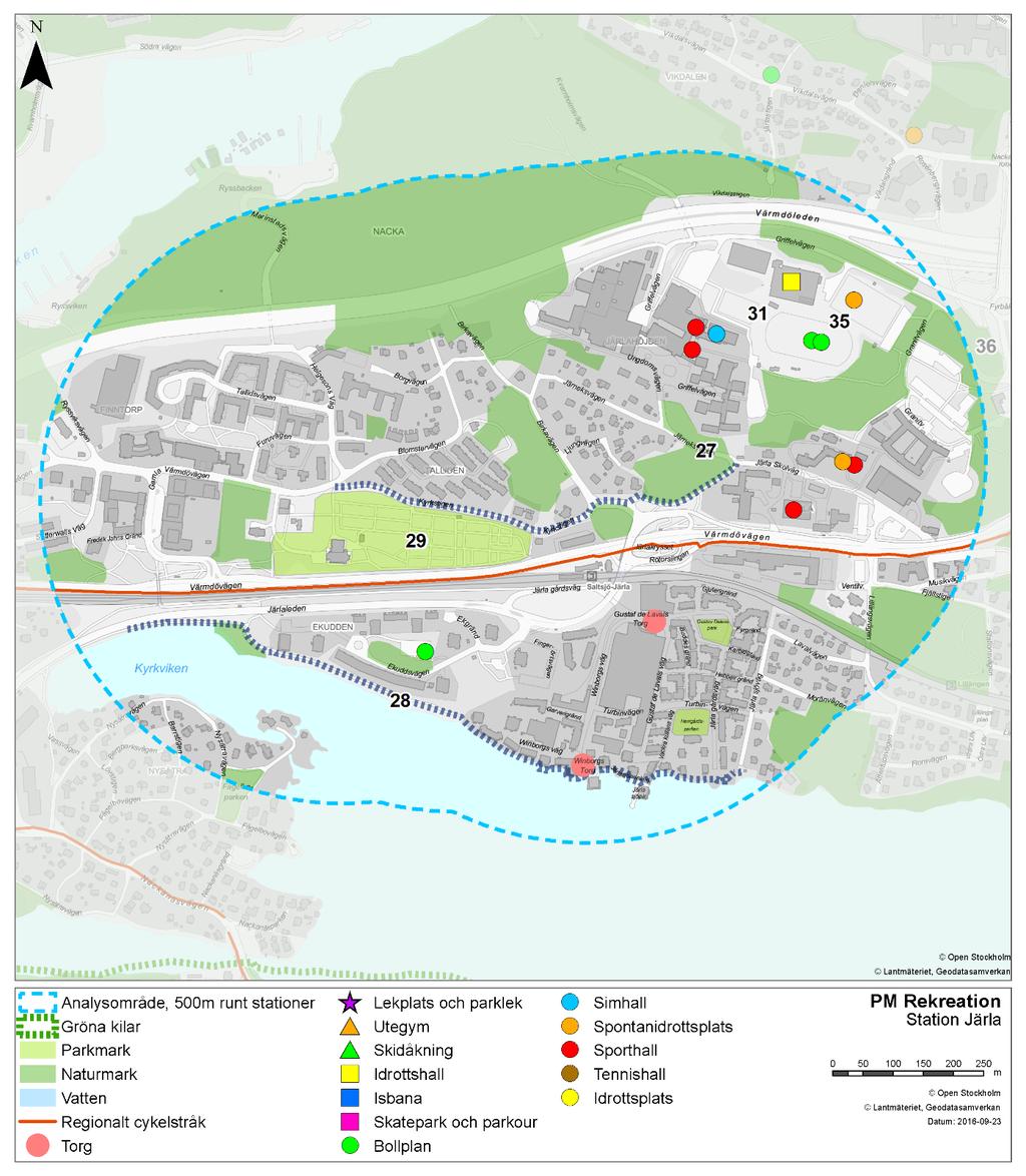 Figur 19 Analysområde station Järla Naturmarker norr om Värmdövägen (27) Den skogbevuxna naturmarken omfattar cirka 1,3 hektar och är uppdelad i två områden.