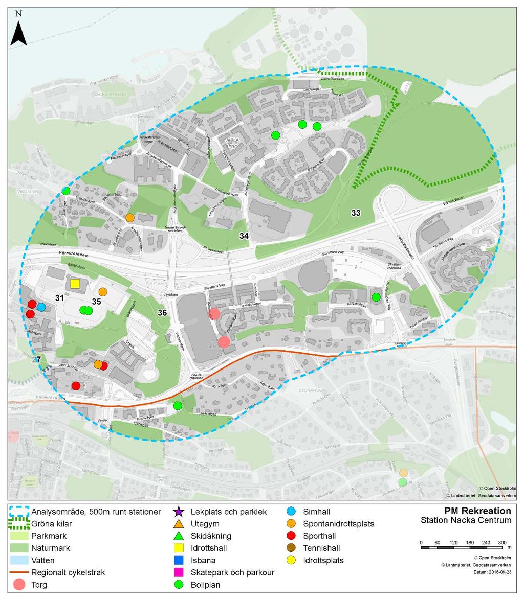 Figur 25 Analysområde station Nacka Centrum Naturmark sydväst om Nyckelvikens naturreservat (33) Platsen består av cirka 5 hektar naturmark och utgör en del av Nyckelvikens friluftsområde, dock inte