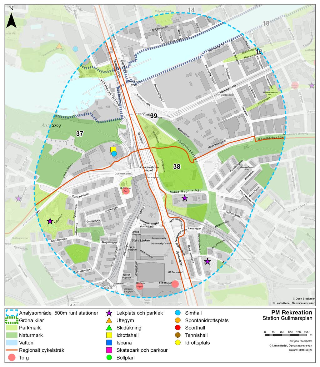 Figur 28 Analysområde station Gullmarsplan Årstaskogen (37) Årstaskogen är ett större stadsnära och skogsklätt friluftsområde med naturstråkskaraktär och sträcker sig längs den norra