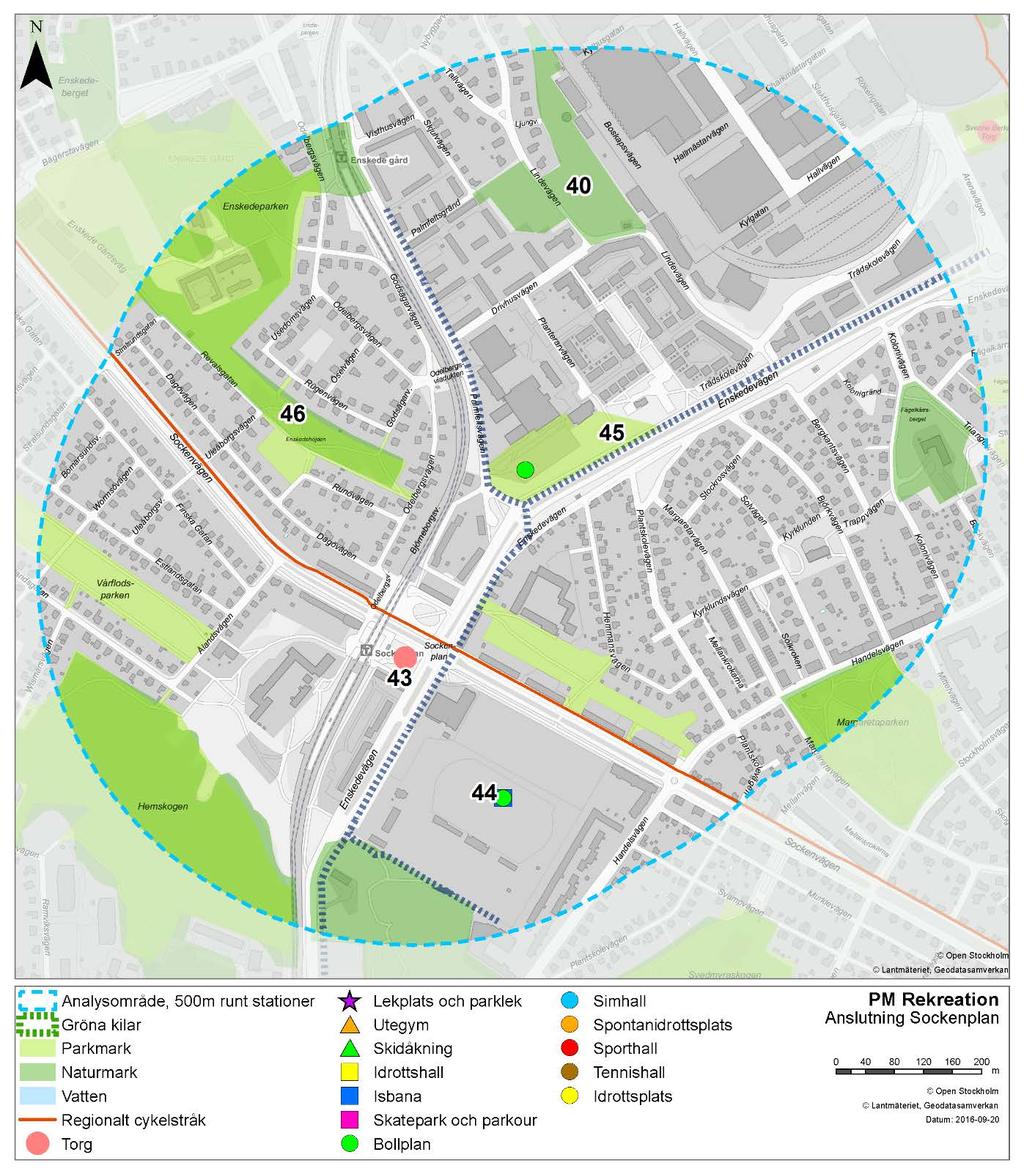 Figur 34 Analysområde Anslutning Sockenplan Sockenplan (43) Sockenplan består av fyra stycken parktorg runt en stor trafikcirkulationsplats och platsen omfattar cirka 0,8 hektar.