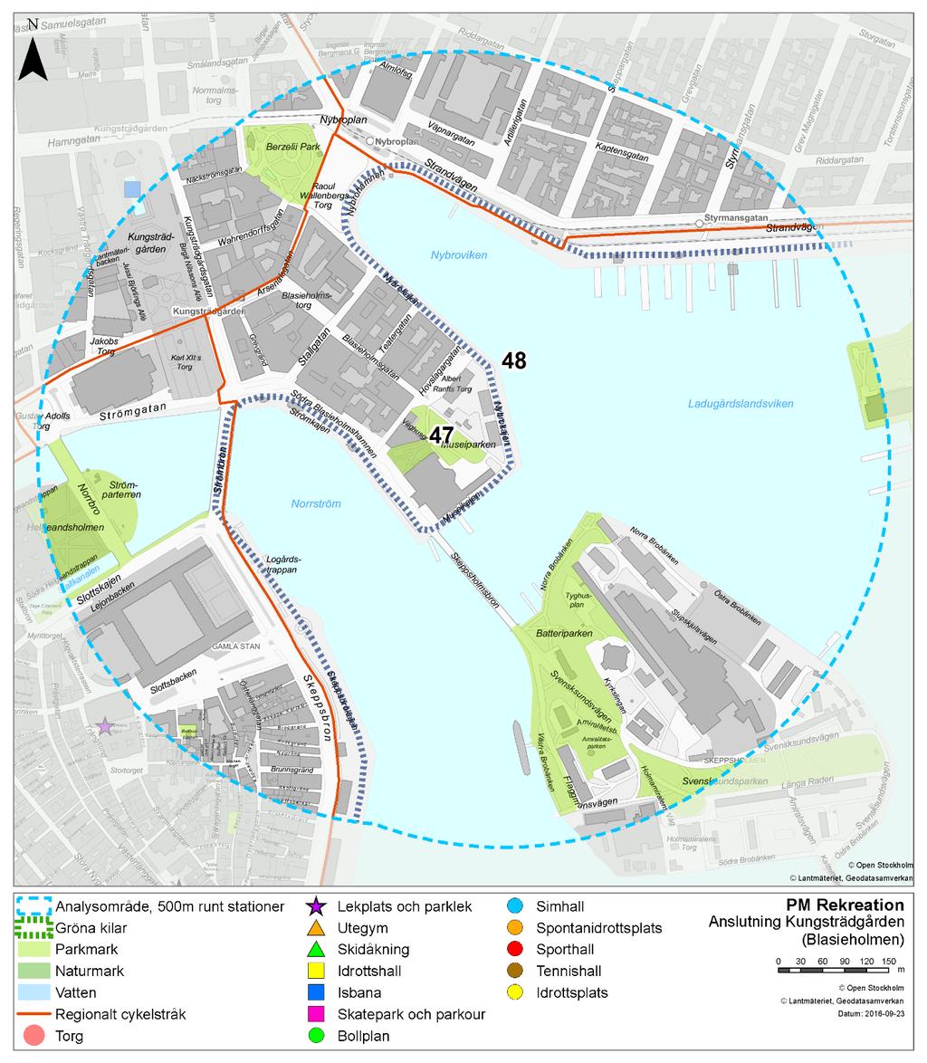 Figur 38 Analysområde Anslutning Kungsträdgården (Blasieholmen) Museiparken (47) Museiparken är en lokalpark som är cirka 0,5 hektar stor. Den bedöms vara av semi-lokal betydelse.