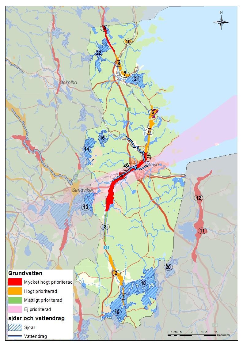 Grundvatten Mycket högt prioriterad Högt prioriterad Måttligt prioriterad Ej i urval sjöar och vattendrag Sjöar Vattendrag Figur 1 Karta över prioriterade vattenresurser i Gävle kommun, beskrivning