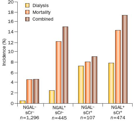 Njurskademarkörer NGAL Signalerar subklinisk AKI? Poolade data från 10 studier (2322 IVA patienter) Tubulär skada (NGAL+) utan sänkt GFR (scr-) = mer än dubblerad risk för död el.