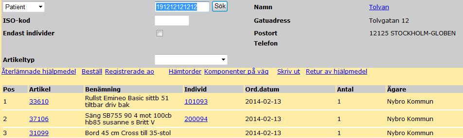 18 (33) På artikelraderna klickar du i rutan till vänster om artikelnumret för att välja de hjälpmedel som ska skrivas ut på hämtorder.