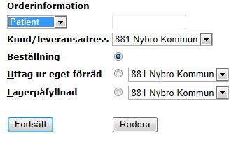 24 (33) Kundorder Detta är den första bilden vid beställning. Välj om mottagaren är en Patient eller en Vårdenhet genom att klicka på pilen till höger i mottagarfältet och markera önskad mottagartyp.