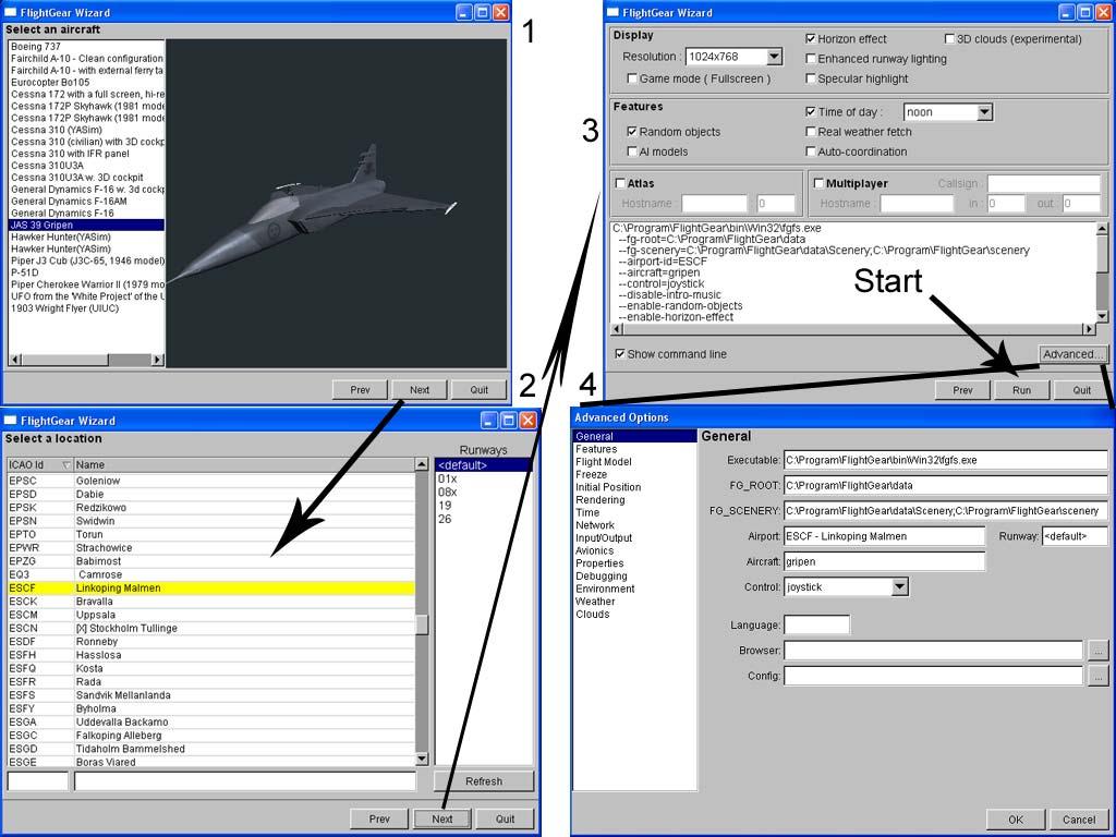 Flygsimulator 5-5-8 Figur. Skärmdumpar från FlightGears launcherprogram..välj flygplan. Välj startbana. Vanliga inställningar 4. Avancerade inställningar 7.