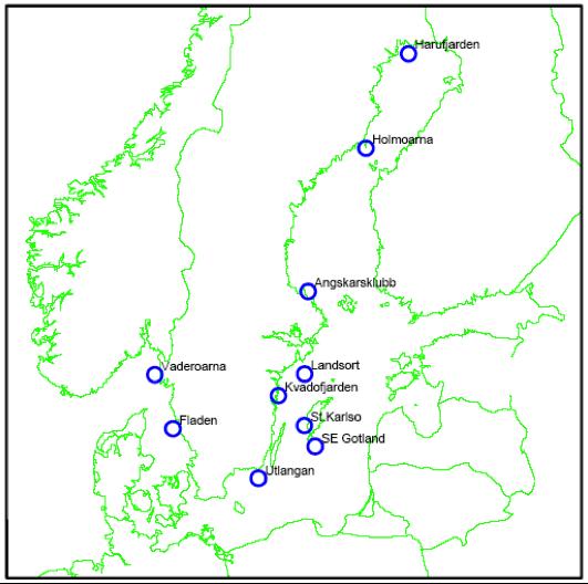 Undersökningsområden Fyra kustlokaler med små eller inga lokala föroreningskällor: Kvädöfjärden (Östersjön), sedan 1988 Fjällbacka (Skagerrak), sedan 1989 Holmöarna