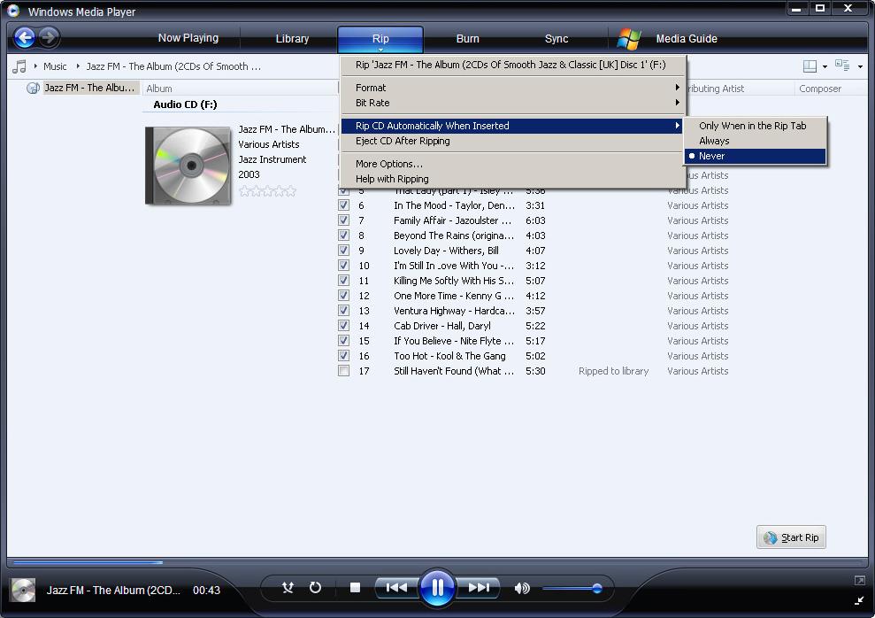 5 Sätt in ljud-cd:n i datorns CD-ROM-enhet. > Samtliga spår på CD-skivan visas. Som standard börjar WMF11 rippa alla låtar från CD-skivan.