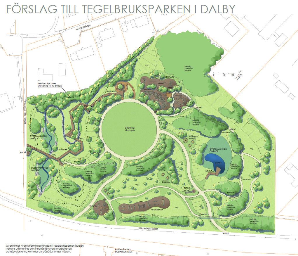 Här planerar kommunen att anlägga en park som bjuder in till både aktivitet och lugn i en trevlig miljö med slingrande grusgångar och stora grönytor.