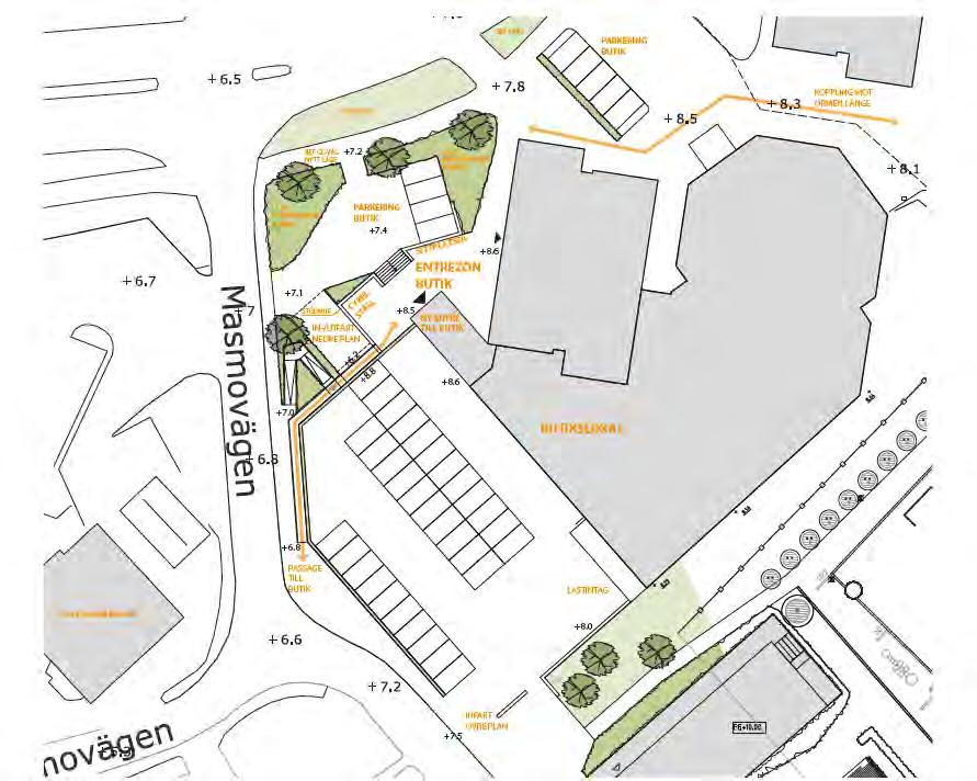 z Skissförslag på parkeringsdäcket tillhörande de nya lägenheterna samt ny butiksentré till befintlig lokal. Entrézon/torg med utrymme för möblering skapas framför butiksentré.