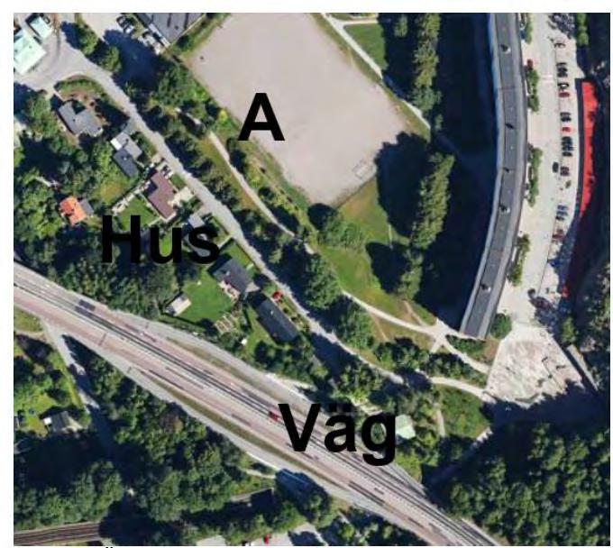 z Översiktlig bild av området. Botkyrkaleden är betecknad som VÄG, befintliga hus är betecknade som HUS och ny planerad bebyggelse är betecknad som A.