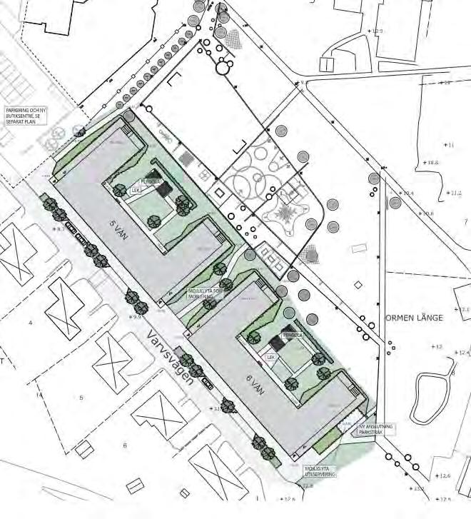 Figur 2. Del av skiss från AQ Arkitekter. Ny bebyggelse visas med grå färg.