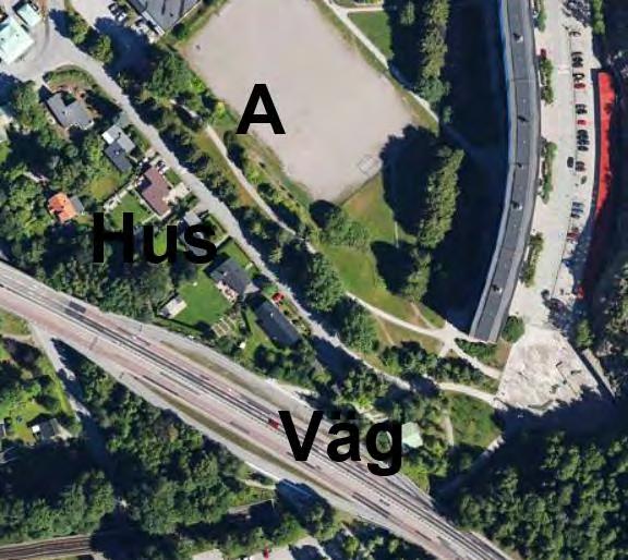 Figur 13 Översiktlig bild av området. Botkyrkaleden är betecknad som VÄG, befintliga hus är betecknade som HUS och ny planerad bebyggelse är betecknad som A.