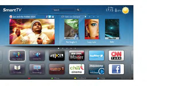 1 Rundtur 1.1 Smart TV Anslut Philips Smart LED TV till internet och upptäck en ny TV-värld. Du kan använda en trådbunden anslutning till din router eller ansluta trådlöst via Wi-Fi. 1.3 Hyrvideor Om du vill titta på hyrvideo kan du hyra de senaste filmerna hemifrån, direkt från en onlinevideobutik.
