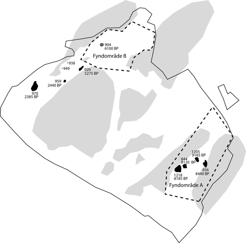 0 10 m Fig. 10. Plankarta som visar fyndområden, anläggningar