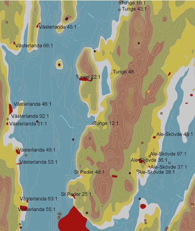 0 1000 m Fig. 41. Kartan visar möjliga stenålderslokaler runt Tunge 48 och den tidens ungefärliga vattennivåer.