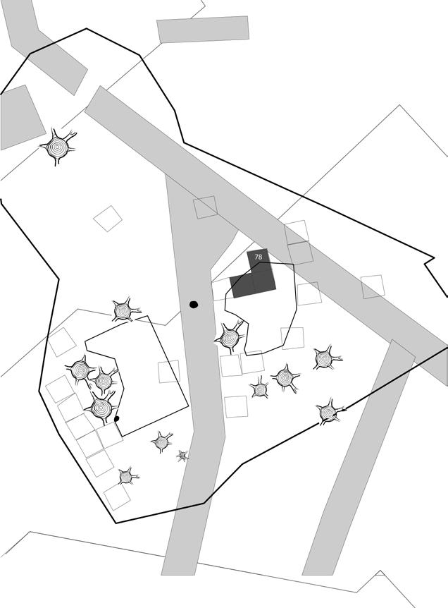 0 5 m Fig. 43. Tunge 48, anläggningsplan. Skala 1:200. i den centrala och södra delen av undersökningsområdet, i det övre något sandiga och något humösa lagret.