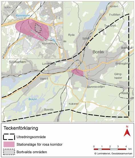 Området för stationsläge i södra delen av Borås tätort har för rosa korridor avgränsats enligt figur 6.3. Ett sådant stationsläge ger avstånd på cirka 600-1 500 meter till Stora torget.