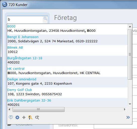 Sökfunktion Med sökfunktionen kan du snabbt hitta rätt kundkod. Så fort du börjar skriva något öppnas en rullgardin med valbara poster.
