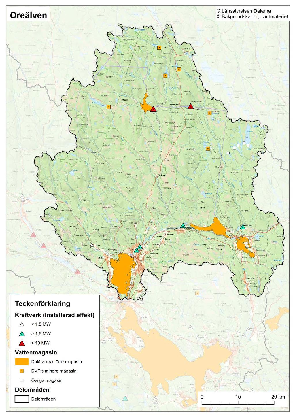 Figur 73. Vattenkraftverk och vattenregleringsmagasin i Oreälven.