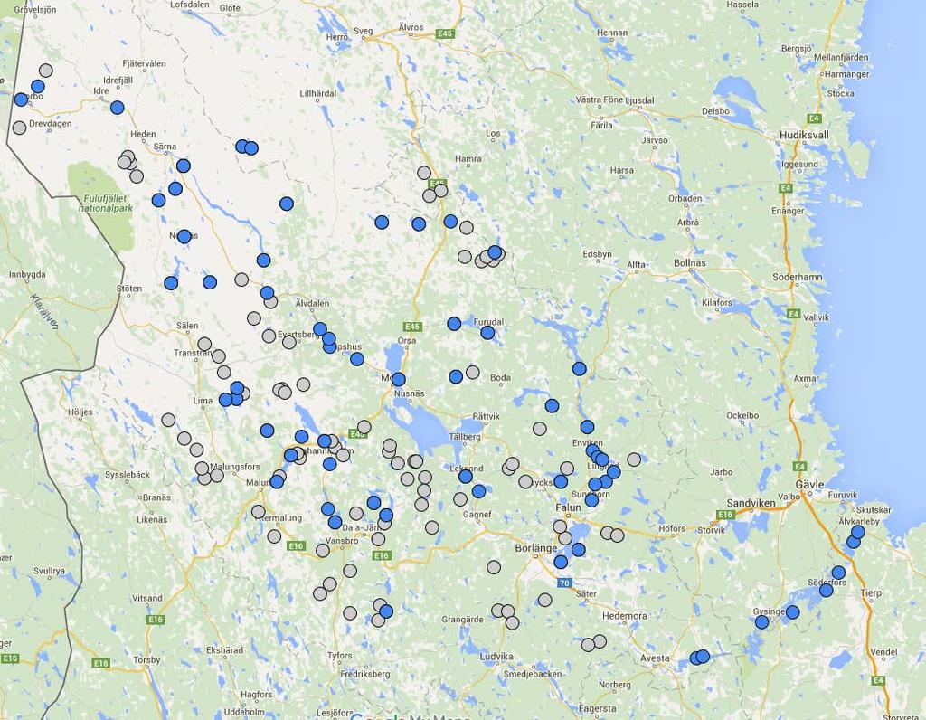 Figur 25. Modellens 125 regleringsrutiner som beskriver säsongsregleringar. Blå prickar visar modellens tidigare rutiner och grå prickar modellens 83 nya rutiner.