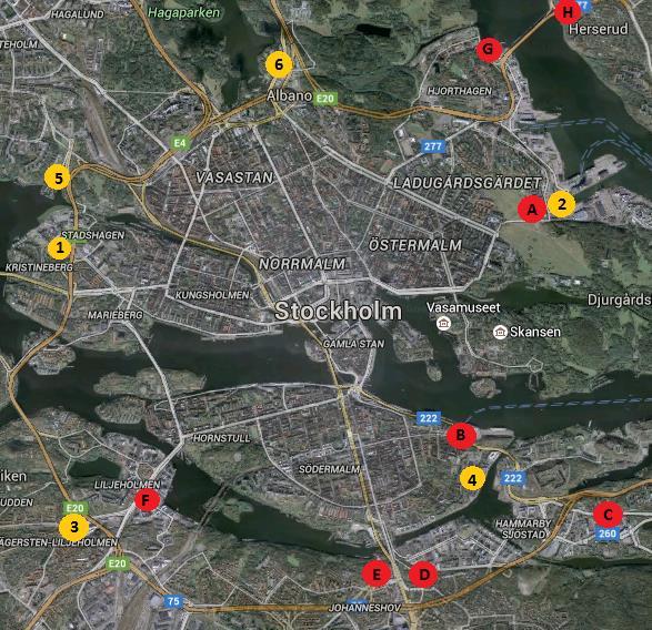 Figur 4.2 Stockholms stads Trafikkontors förslag på möjliga uppställningsplatser vid bussdepåer och mikroplatser markerat i gult.