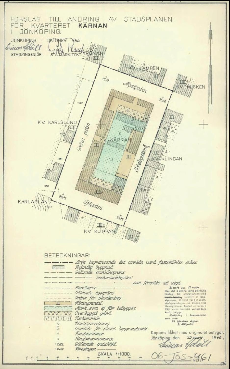 Detaljplan För området gäller Stadsplan för kvarteret Kärnan från 1946. Planen tillåter bebyggelse i tre våningar på en del av fastigheten där man har ansökt om att uppföra en ny byggnad.