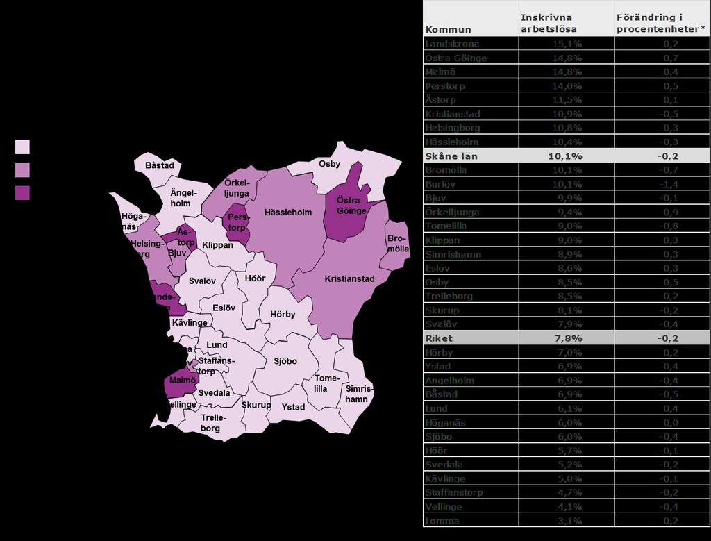 Inskrivna arbetslösa i Skåne län februari 2017 som andel