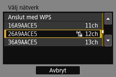 Ansluta manuellt till ett identifierat nätverk (1) (2) (3) 4 5 Välj [Välj nätverk]. Visas när [q], [D] eller [l] har valts i steg 3. Gå till steg 5 om du väljer [o] eller [m].