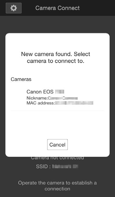 Starta Camera Connect på din smartphone när skärmen [Väntar på anslutning] visas på kamerans LCD-skärm. Välj den kamera som du vill ansluta till på din smartphone.