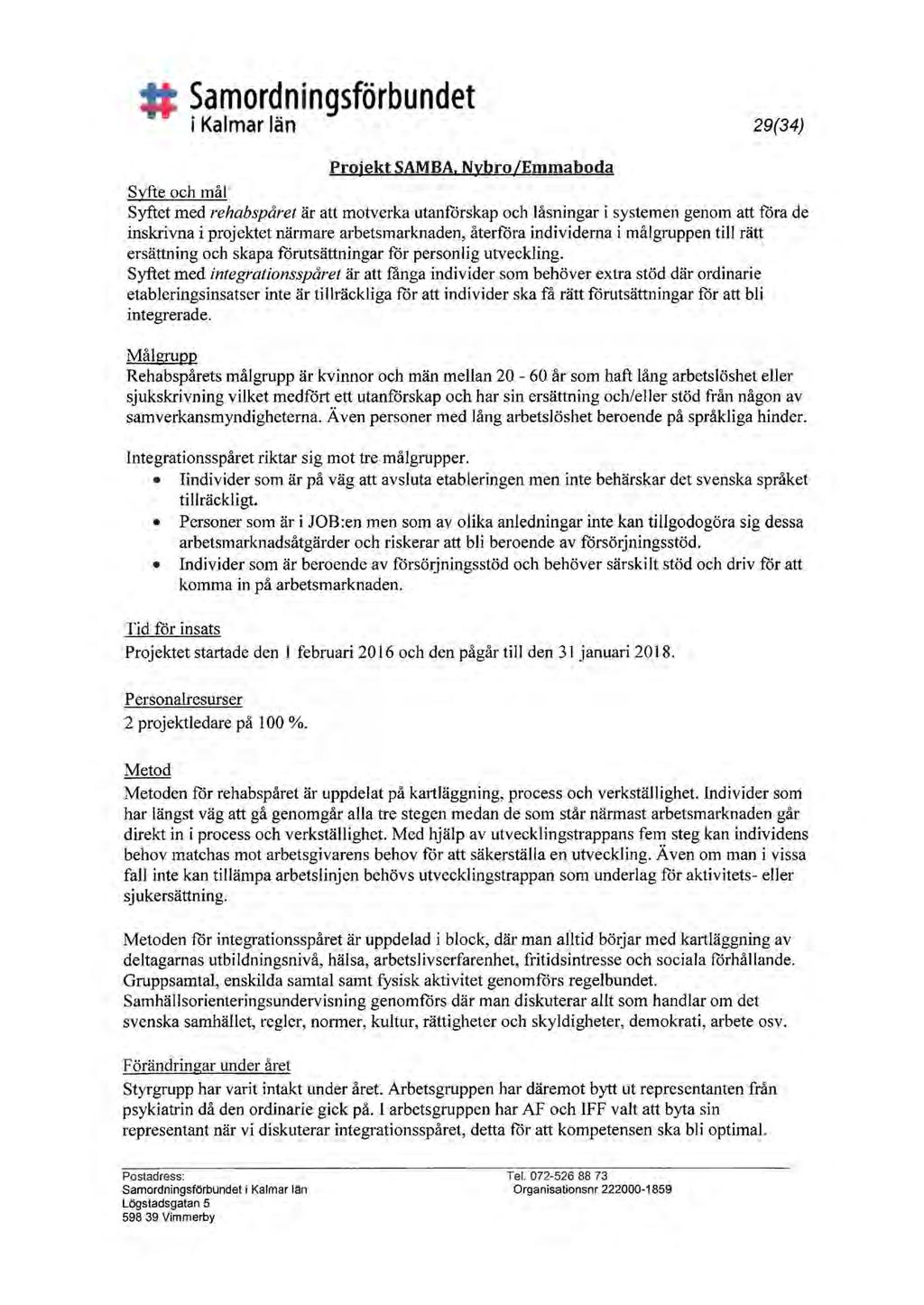 Samordningsförbundet i Kalmar län 29(34) Projekt SAMBA.