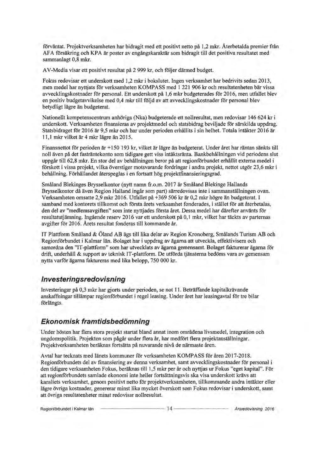 förväntat. Projektverksamheten har bidragit med ett positivt netto på l,2 mkr.
