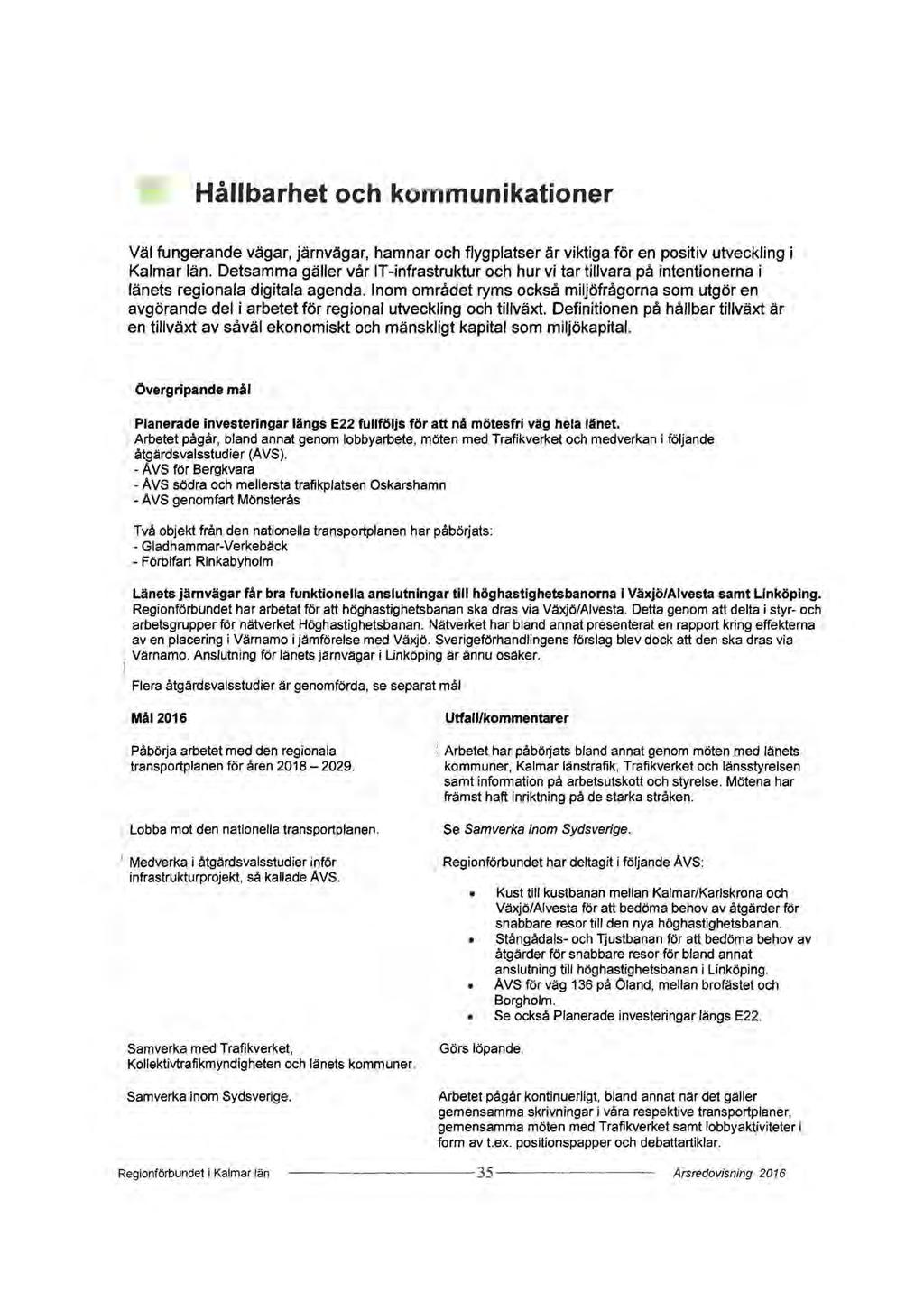 Hållbarhet och kornmunikationer Väl fungerande vägar, järnvägar, hamnar och flygplatser är viktiga för en positiv utveckling i Kalmar län. Detsamma gäller vår!