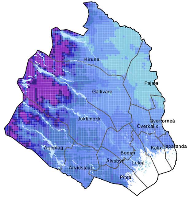 FIGUR 7. Beräknad förändring i årsmedelnederbörd (Δmm) i Norrbotten i tidsperspektivet 2069-2098 i förhållande till perioden 1961 1990. I det vita området saknas data. FIGUR 8.