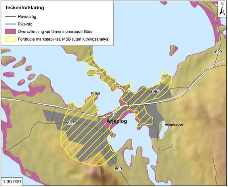 FIGUR 12. Översiktlig översvämningskartering vid högsta dimensionerande flöde samt det område i huvudorten Arjeplog som identifierats vid en förstudie av markstabilitet.