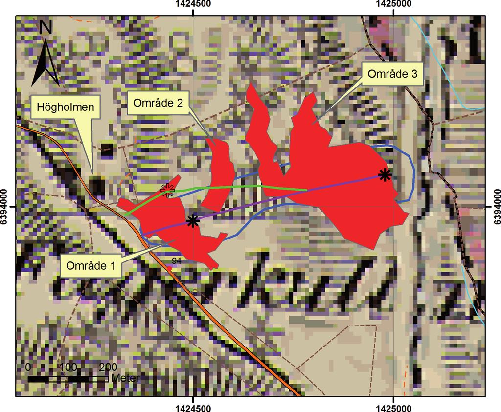 8 ARKEOLOGISK RAPPORT 2008:92 figur 3. Karta över utredningsområdet (markerat med blått) med nyregistrerade lämningar (område 1-3, markerat med rött) i förhållande till generalstabskartan från 1887.