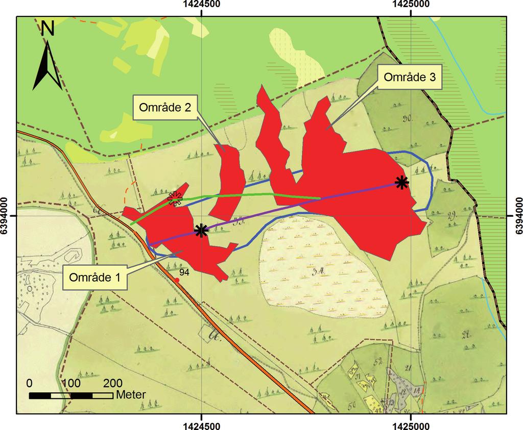 ARKEOLOGISK RAPPORT 2008:92 Resultat Nyregistrerade lämningar Vid utredningen registrerades tre områden med fossil åkermark (se figur 1, område 1 3, samt bilaga 1 för detaljerade beskrivningar).