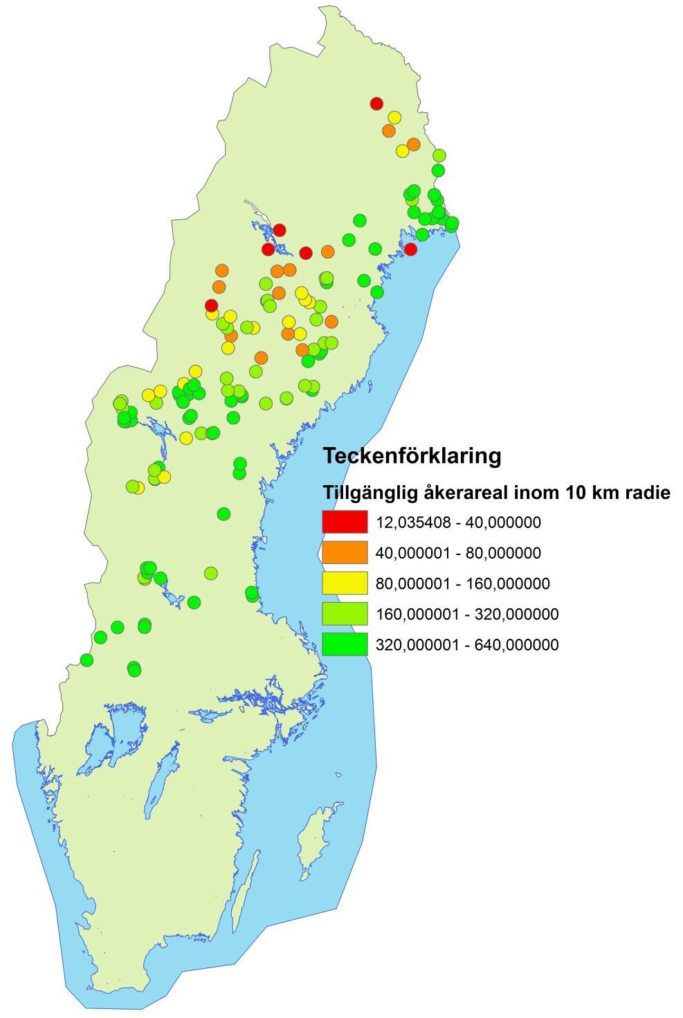 Figur 7. Tillgänglig areal inom 10 km radie för existerande mjölkföretag inom nationellt stödområde 20