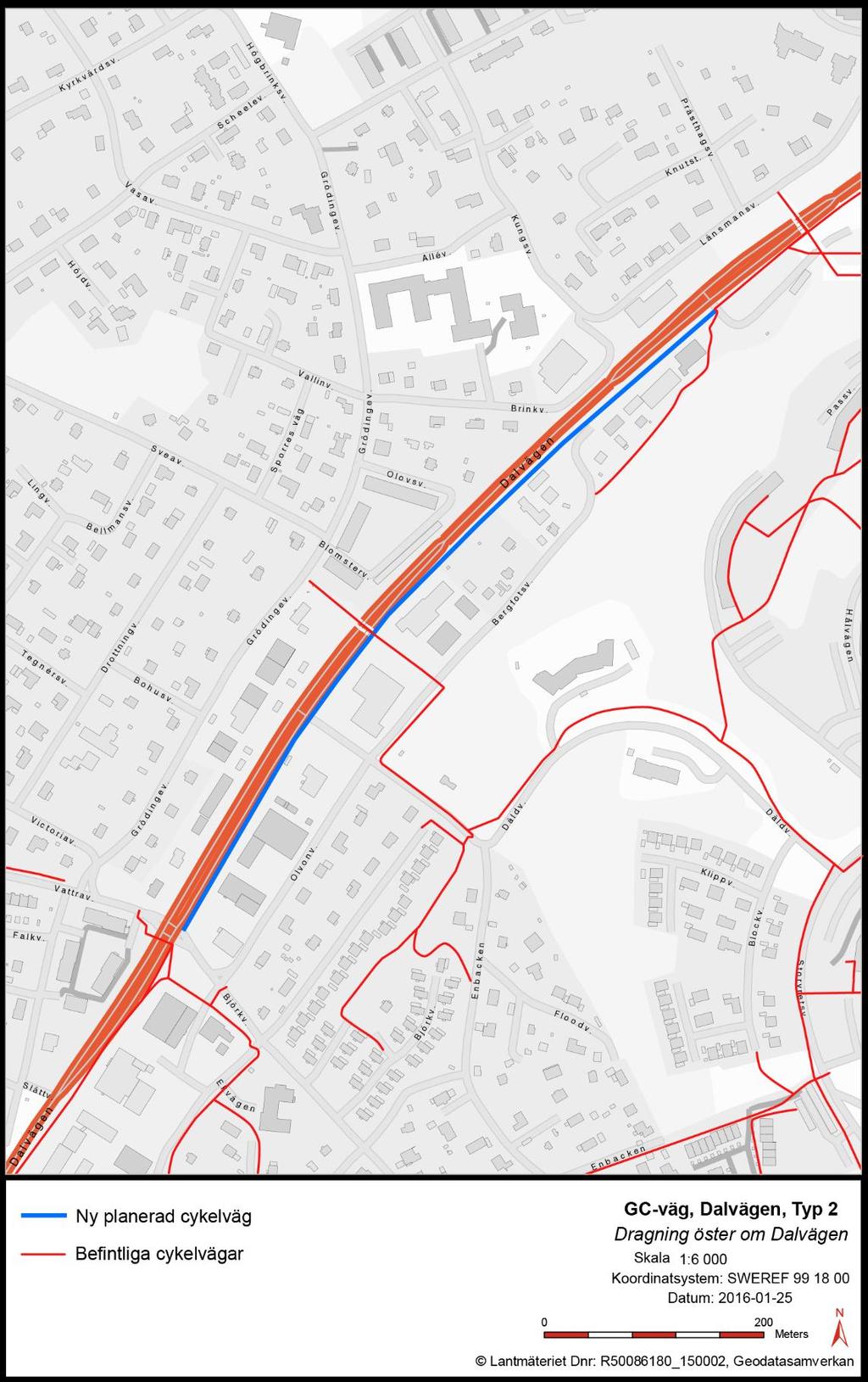 Figur 4. Planerad sträckning av gång- och cykelväg, samt befintliga gång- och cykelvägar i närområdet.