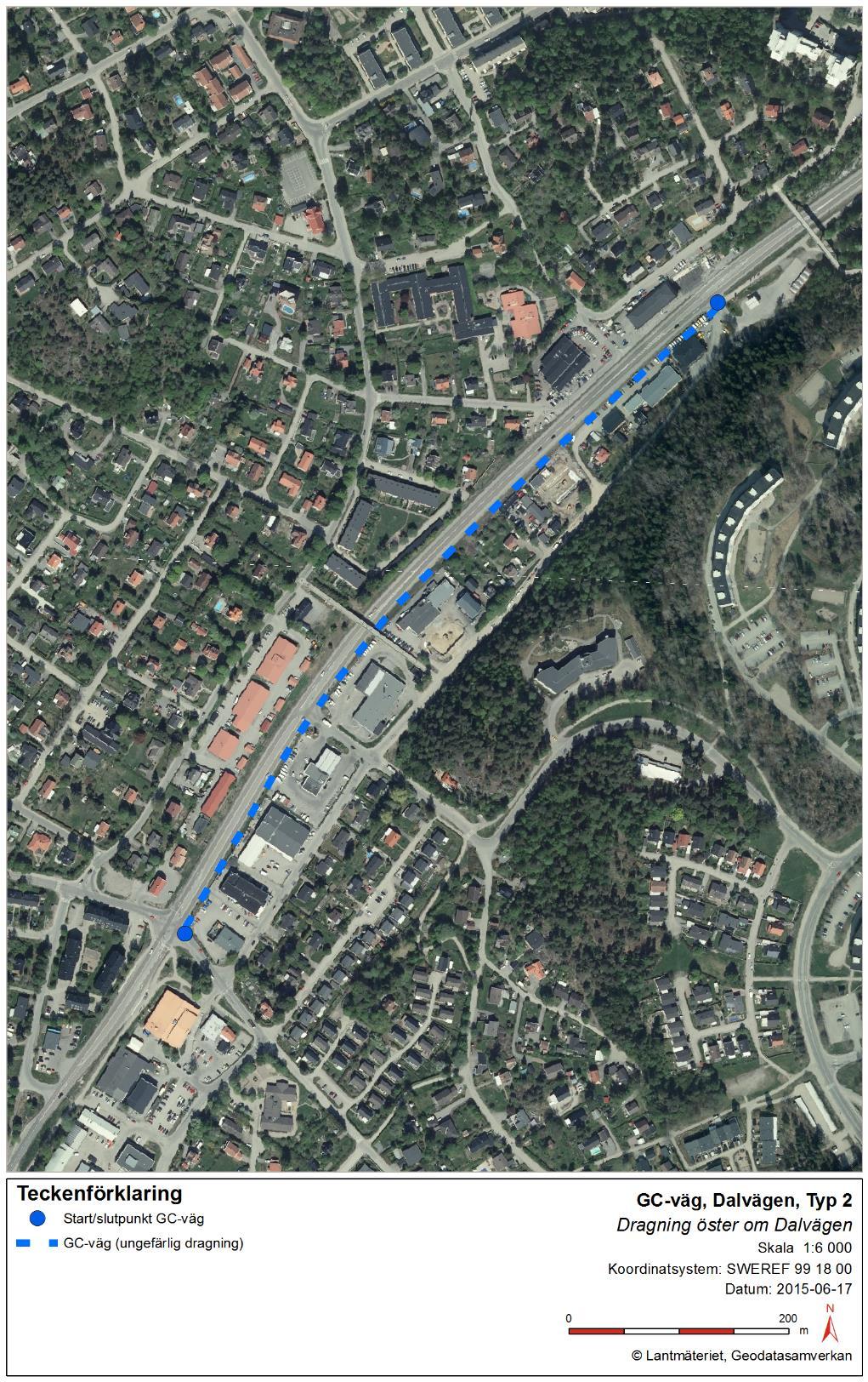 Figur 3. Korsningen Dalvägen - Björkvägen är signalreglerad. Det svårt för oskyddade trafikanter att passera Dalvägen, det bedöms dock inte finnas några större behov av att korsa på sträckan.