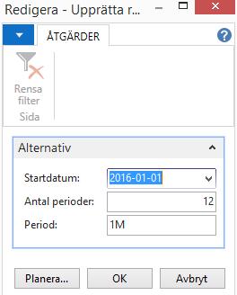I fältet Startdatum matas den första dagen i det nya året in. I fältet Antal perioder matas antalet perioder som skall finnas i det nya året in, t.ex. 12 månader.