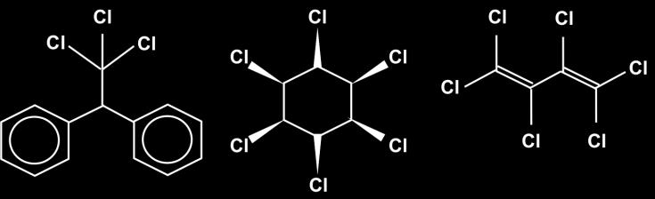 Figur 8. Klorerade bekämpningsmedel; DDT (vänster), γ-hch (lindan, mitten) och hexaklorbutadien (höger).