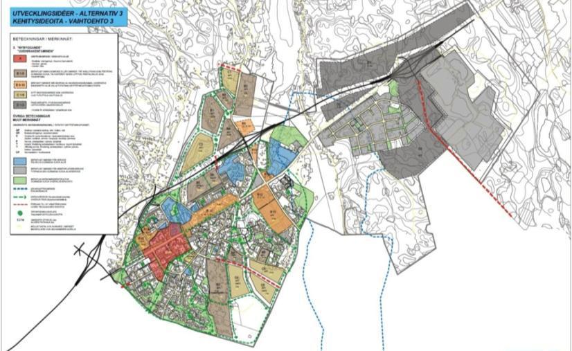 Bild 37. Alternativ 2 Förnyelse genom förtätning och omstrukturering, se bilaga 3. Alternativ 3 - Nybyggande Alternativ 3 grundade sig på särdragen alternativ 1 och 2.