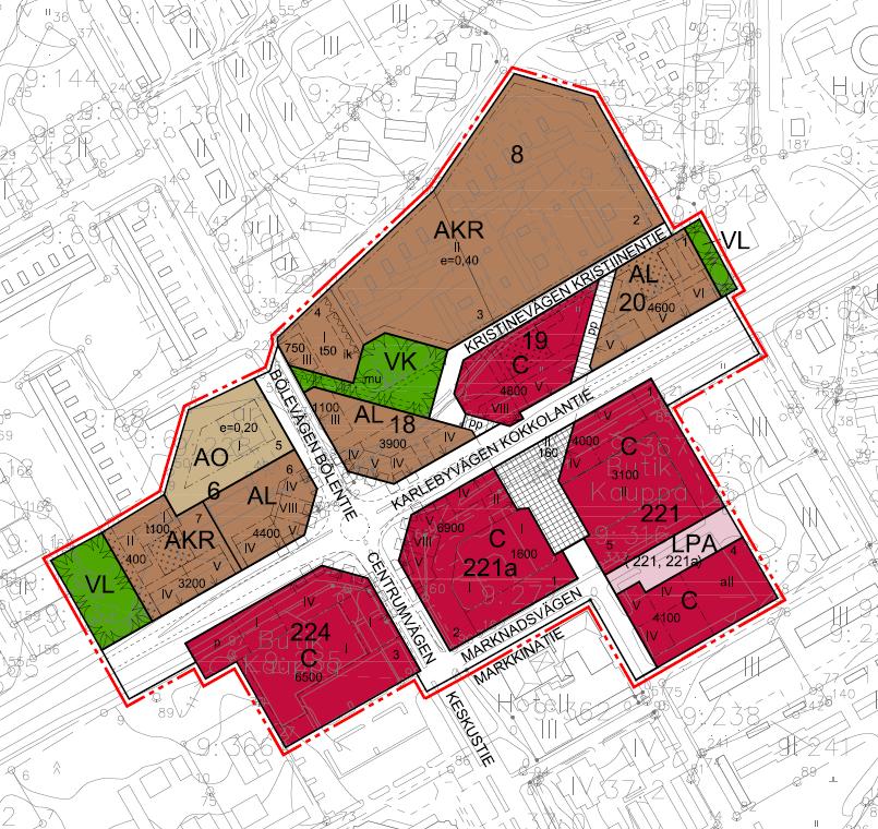 Av den totala dimensioneringen på 50 000 v-m² utgör den detaljplanerade kommersiella servicen 25 673 v-m².