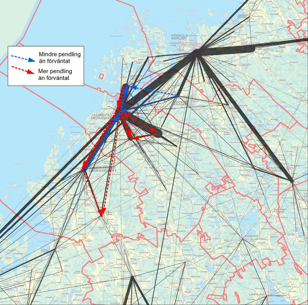 Figur 23. Analys av pendlingsinteraktionen i Vasaregionen enligt gravitationsmodellen.