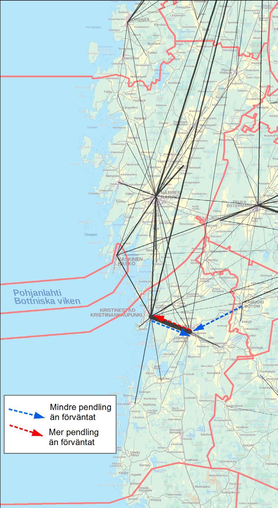 I Jakobstadsregionen påminner Larsmos situation om Sundom-Solf I Vasaregionen, pendlingen är högre än förväntat till Jakobstad medan den är lägre än förväntat i motsatt riktning.