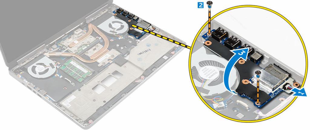 Installera det högra I/O-kortet 1. Anslut I/O-kortkontakten och skjut in I/O-kortet i datorn. 2. Dra åt skruvarna som håller fast I/O-kortet i datorn. 3. Anslut högtalarkabeln till I/O-kortet. 4.