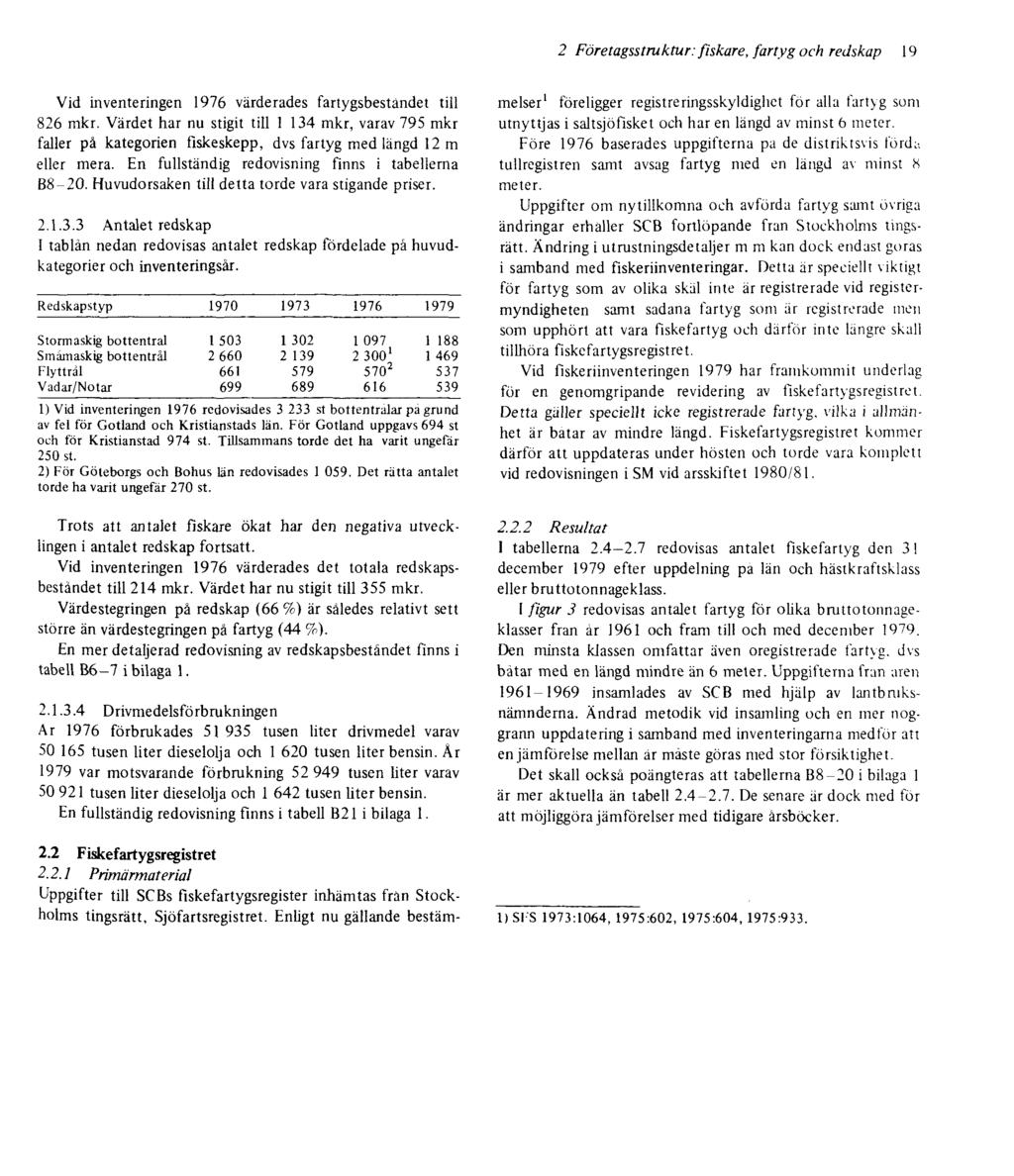 2 Företagsstruktur: fiskare, fartyg och redskap 19 Vid inventeringen 1976 värderades fartygsbeståndet till 826 mkr.