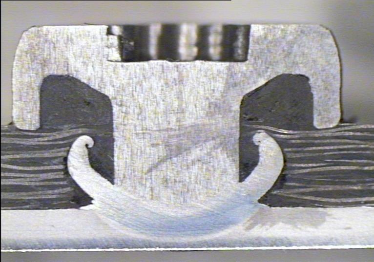 Specimen type Joining test Crosssection view, treated with acid Materials 1: CFRP with PA matrix, t=3,1 mm 2: DP800+Z100, t=1,5 mm Joining possible Almost perfect torus Sufficient