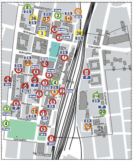 PARKERING Tillgången till parkeringsplatser i centrala Eslöv bedöms vara relativt stor. Enligt pågående trafikutredning är beläggningsgraden 78%.